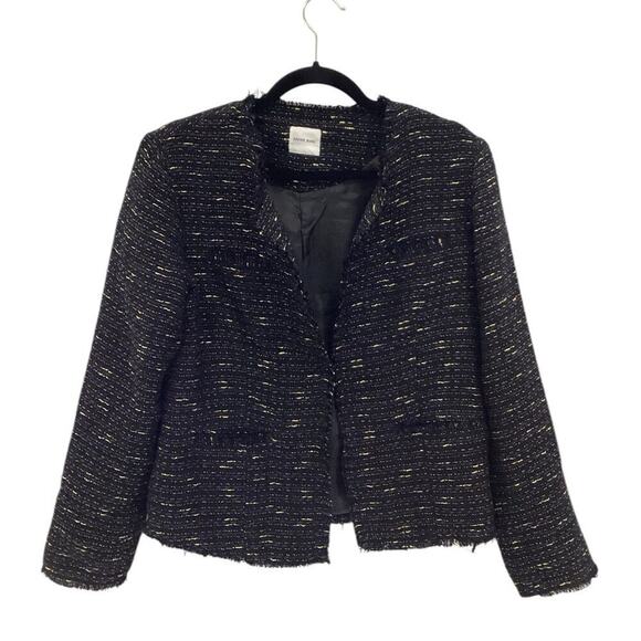 Anine Bing Tweed Navy Blue Gold Fringed Raw Hemline Jacket Blazer Size Small - Picture 2 of 16